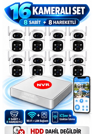 İcsee16 Kameralı 8 Adet 6mp Dual Lens Kamera Ve Nvr Güvenlik Kamera Seti