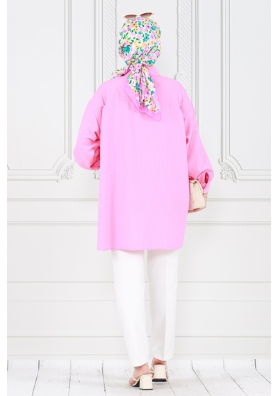 Sevitli Bol Kesim Yırtmaçlı Gömlek-pembe-3984-pembe Pembe