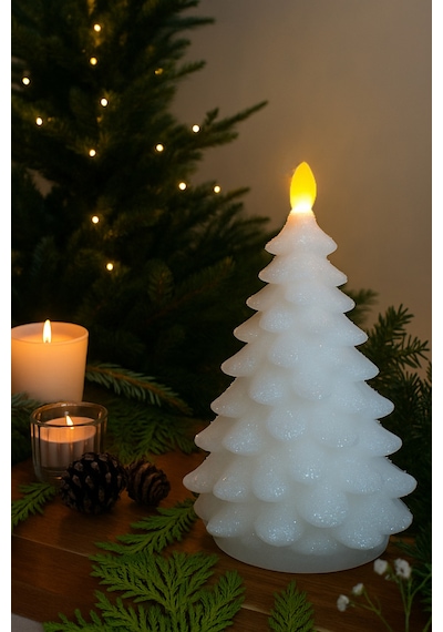 Yılbaşı Dekor Led Mum Parıltılı Wax Mum Led Işıklı Ev Ofis Otel Restoran Dekoratif Yılbaşı Süsü 22cm Beyaz