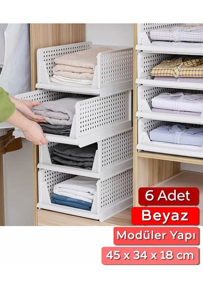 6 Adet Raylı Elbise Organizeri - Mutfak Banyo Düzenleme Depolama Üst Üste Dizilebilir Beyaz