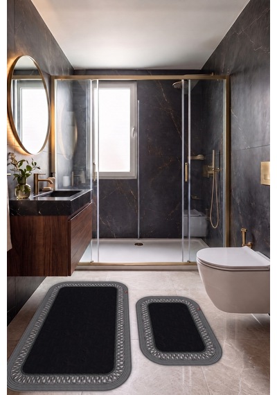 Banyo Paspası Takımı 70x110+50x70 Cm İç Trikot Siyah & Antrasit