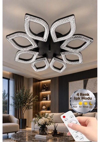 Yonca Model Siyah Kumandalı 8 Li Ledli 3 Renk Modu Kristal Salon Mutfak Yatak Çocuk Odası Avize
