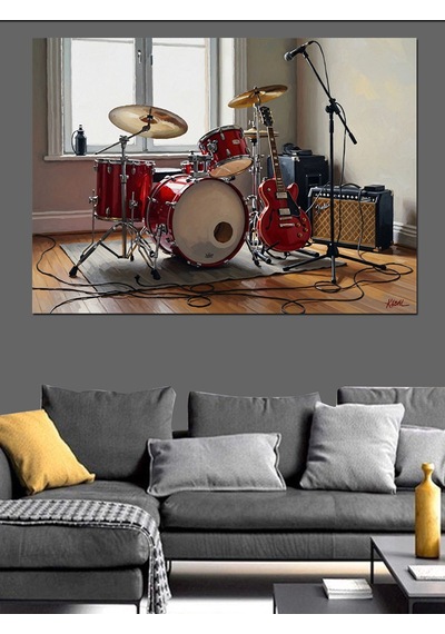 Kırmızı Bateri Seti Ve Müzik Dekoratif Kanvas - Mdf Ahşap Tablo