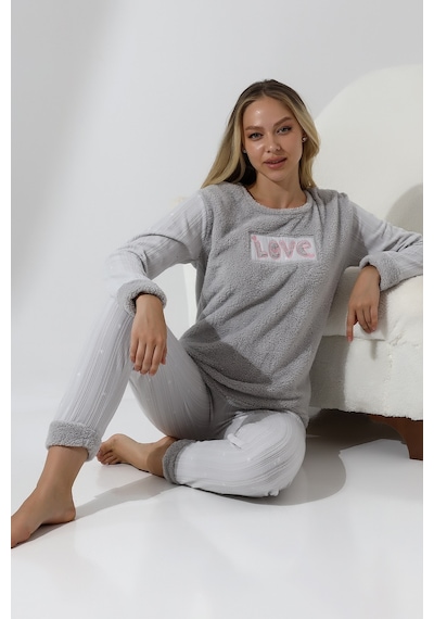 Wordex Fawn 5019 Peluş Welsoft Polar Kışlık Yumoş Kadın Pijama Takımı Love Açık Gri