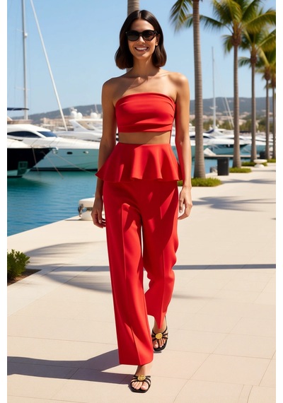 Benerly Kadın Straplez Peplum Detaylı Geniş Paça Uzun Örme Takım Soft Tou Kırmızı