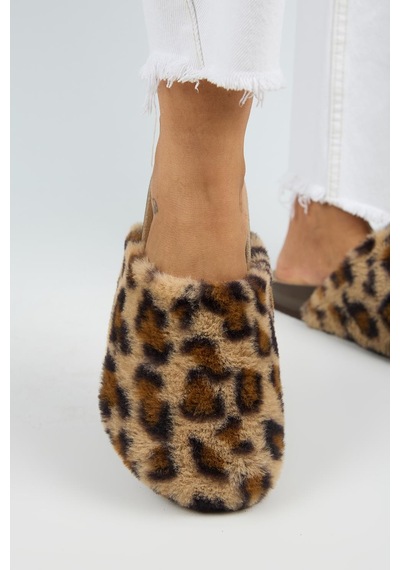 Manijero Leda Kadın Peluş Düz Taba Leopar Terlik Taba - Leopar
