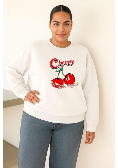Benroma 3 İplik Penye Cherry Kiraz Baskılı Büyük Beden Unisex Sweatshırt Çok Renkli