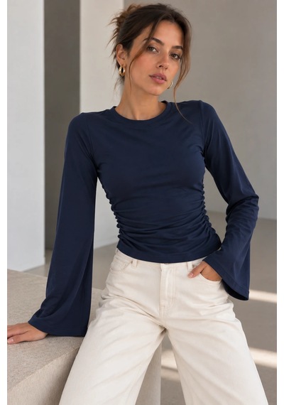 Bb Butik Basic Yan Büzgülü İspanyol Kol Basic Kadın Bluz My3535 Lacivert