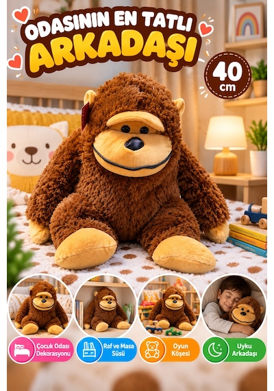 40 Cm Peluş Goril Oyuncak Yumuşak Sevimli Maymun Çocuk Odası Oyun Uyku Arkadaşı Kahverengi Büyük Boy Kahvrengi