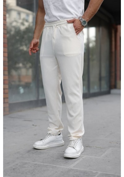 Efnaz Style Erkek Fitilli Beli Lastikli Rahat Pantolon Açık Krem