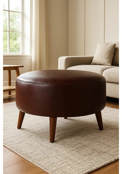 Waterybrook Suni Deri Puf Large - Ceviz Ahşap Ayaklı - Retro Modern Tasarım - Dekoratif Sehpa Acı Kahverengi