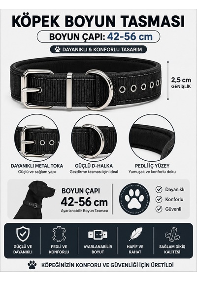Pedli Köpek Boyun Tasması 42-56 Cm 2,5 Cm Dokuma Naylon Metal Tokalı - Siyah Çok Renkli
