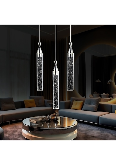 Klaus 3'lü Yuvarlak 3 Renkli 48 Watt Krom Kristal Ledli Modern Oturma Odası Salon Sarkıt Avize Krom