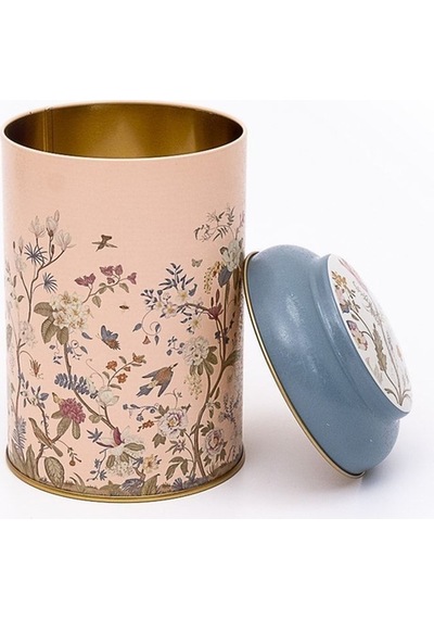 Flora Pink Desenli Yuvarlak Metal Saklama Kabı, 10,5 X 15 Cm, 1,1 Lt Desenli