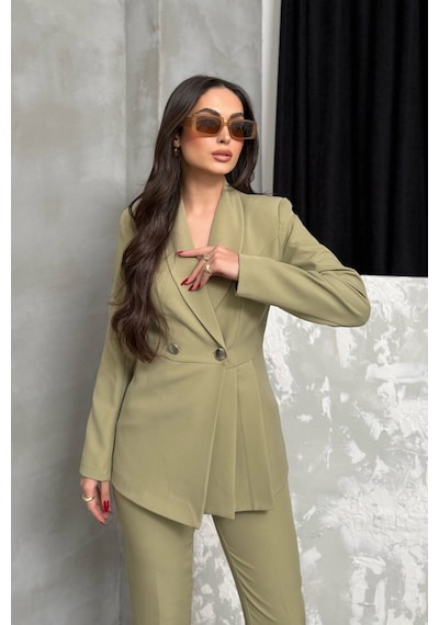 Msm Fashion Kadın İkili Blazer Ceket Pantolon Takım Pile Ve Düğme Detaylı Boru Paça Açık Haki