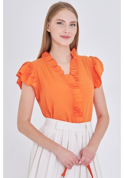 Armonika Kadın Turuncu Yakası Ve Kolları Fırfırlı Bluz Arm-25y001063 Armonika Kadın Turuncu Yakası Ve Kolları Fırfırlı Bluz Arm-25y001063
