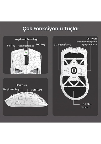 Sc620 Paw3311 Sensör 12000 Dpı 1000hz Kablolu Ve Kablosuz Gaming Oyuncu Mouse Desenli Beyaz