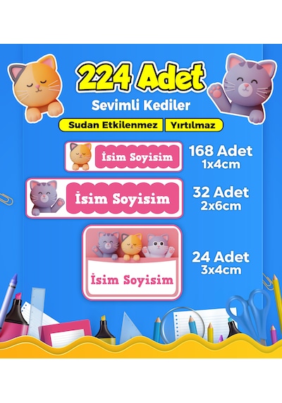 Sevimli Kedi Temalı Okul Kreş Kişiye Özel İsim Etiket Seti - Model 160 Çok Renkli