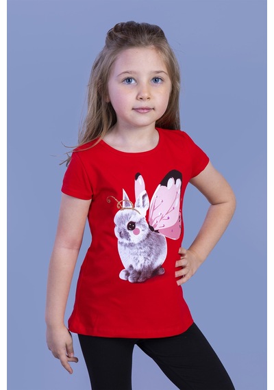 Toontoy Kids Toontoy Kız Çocuk Tavşan Baskılı Pul İşlemeli Tişört Kırmızı