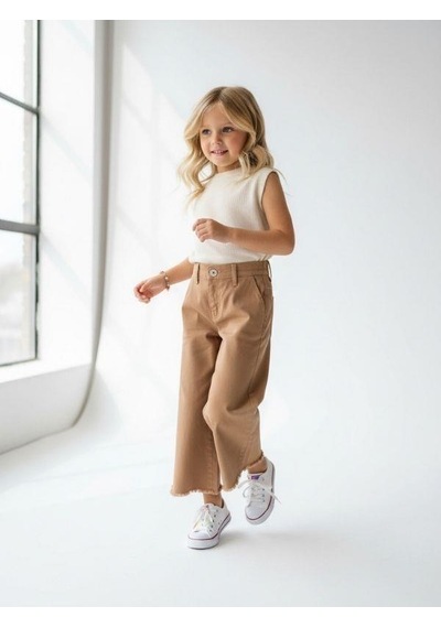 Zekids Kız Çocuk Pamuklu Paçaları Püsküllü Pantolon-16677 Camel