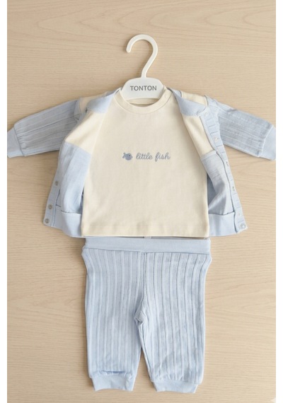 Gaye Bebe Tonton Baby Balık Nakışlı 3'lü Erkek Bebek Hırkalı Alt Üst Takım Mavi