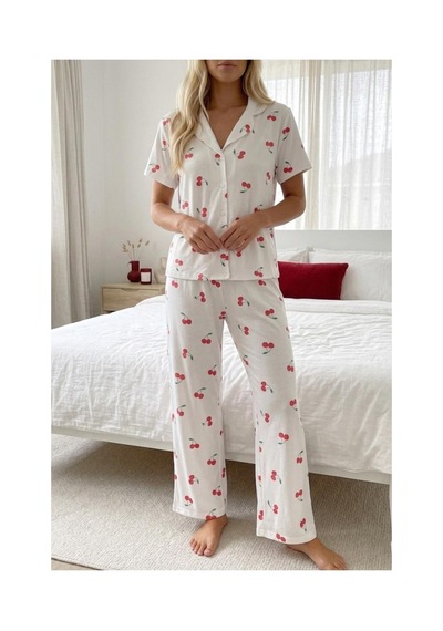 Fit Women Kiraz Desenli Düğmeli Kısa Kollu Pijama Takımı 4589 Beyaz