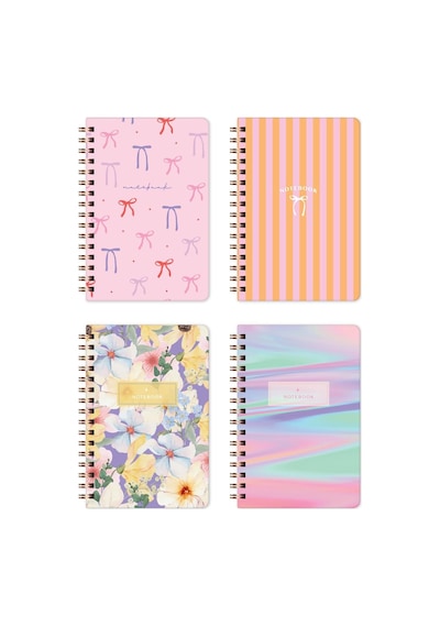 9x14 Cm Sert Kapak Spiralli Çizgili 4 Lü Cep Not Defteri Seti - Kurdele Çok Renkli