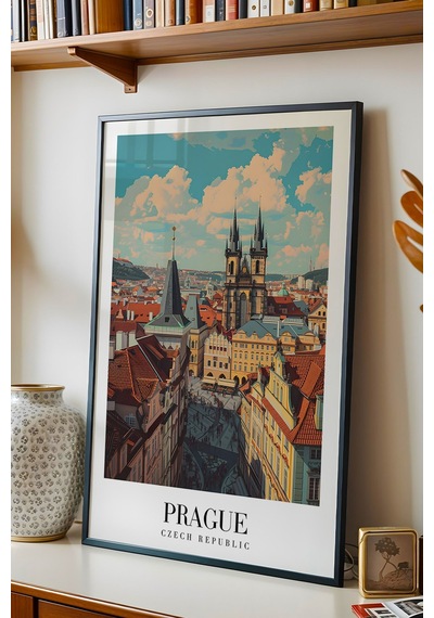 Prague Czech Republic Vintage Seyahat Posteri Çerçeveli Tablo - Premium Prag Elit Duvar Dekoru Siyah