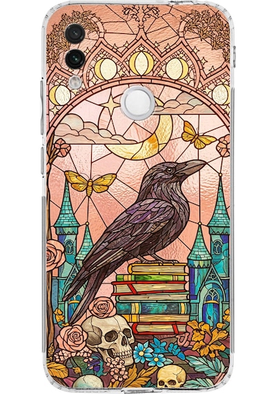 Printify Redmi Note 7 İle Uyumlu Vitray Bilge Kuzgun Tasarımlı Şeffaf Silikon Kılıf Şeffaf