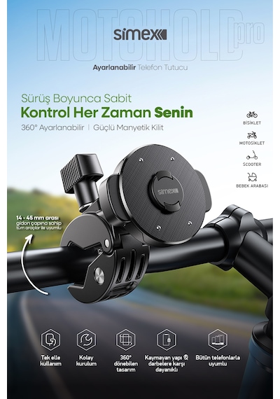 Simex Motosiklet, Bisiklet, Scooter, Atv Uyumlu 360 Gidon Bağlantılı, Tak Çıkar Telefon Tutucu St-213 Diğer