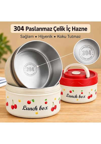 Valkyrie 4 Katlı Kirazlı Yemek Termosu 2040 Ml 304 Paslanmaz Çelik Lunch Box Isı Yalıtımlı Çantalı Kırmızı