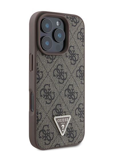 Apple Uyumlu iPhone 16 Pro Kılıf Guess Lisanslı Pu Deri Taşlı Üçgen Logo 4g Desenli Strass Kapak Kahverengi