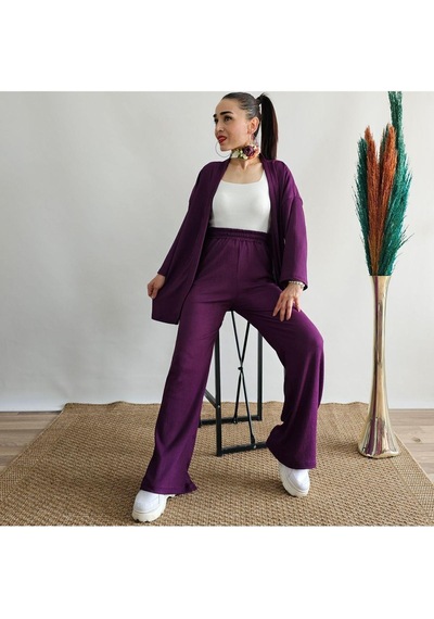 İpli Mor Renk Cep Detaylı Bol Paça Kimono Takım Mor