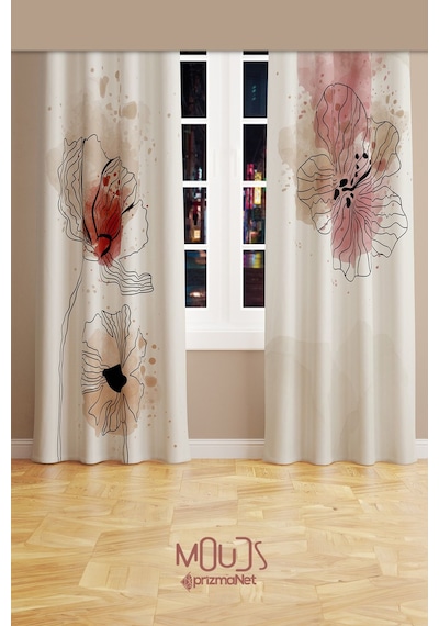 Art Flora Desenli Süet Oturma Odası Salon Fon Perde Baskılı Ekstrafor Büzgü 2 Kanat Prd-1029 Çok Renkli