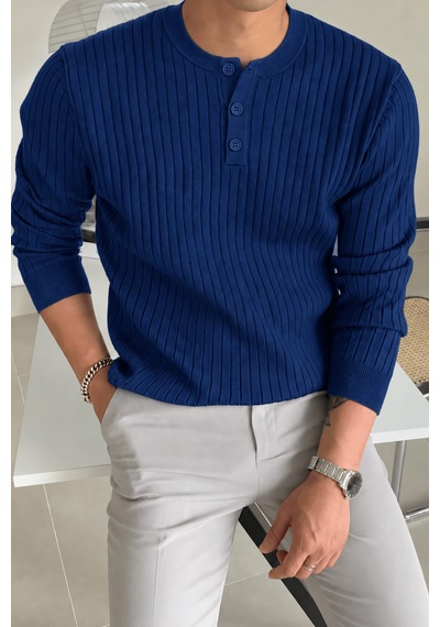 Genius Store Erkek Fitilli Henley Yaka Triko Kazak Regular Fit Düğmeli Kazak Henley-yaka Lacivert