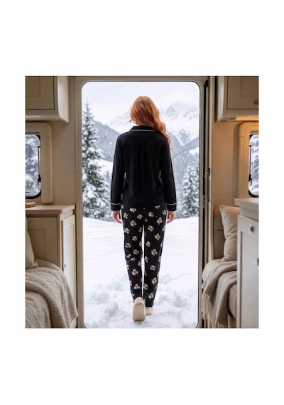 Pijamoni Kadın Waffle Kumaş Göğüs Cepli Uzun Kollu Pijama Takımı Siyah