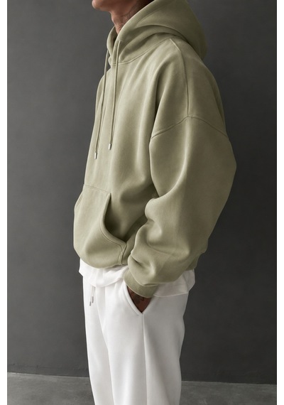 Tarz Cool Regular Kapüşonlu Sweatshirt Erkek Unisex 3 İplik Şardonlu %100 Pamuk Basic Hoodie Haki