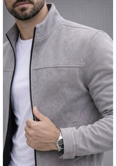 Baselco Slim Fit Dik Yaka Mevsimlik Süet Ceket Gri