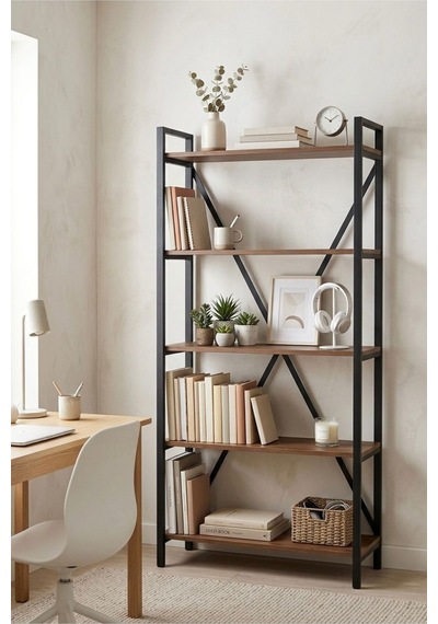 180x90 Metal Kitaplık- 5 Raflı Ekonomik Modern Ev Ofis Kitaplığı Siyah