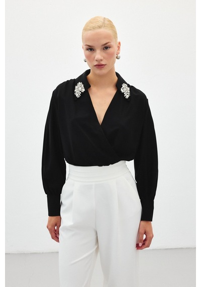 Sateen Aksesuar Detaylı Bodysuit Bluz - Siyah-134783