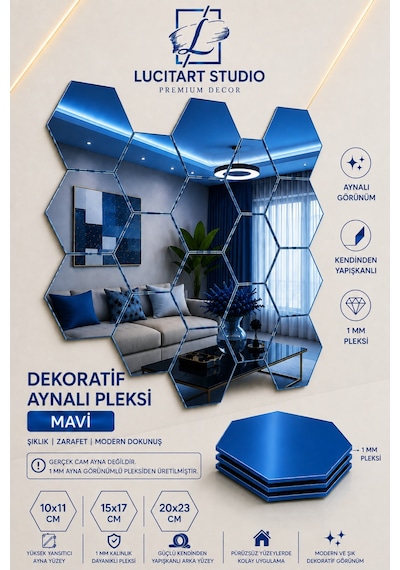 Lucitart Aynalı Pleksi Petek Duvar Dekoru Kendinden Yapışkanlı Dekoratif Altıgen Ayna Tekli 9 Renk 10x11 - 15x17 - 20x23 Cm Mavi Lucitart Aynalı Pleksi Petek Duvar Dekoru Kendinden Yapışkanlı Dekoratif Altıgen Ayna Tekli 9 Renk 10x11 - 15x17 - 20x23 Cm Mavi