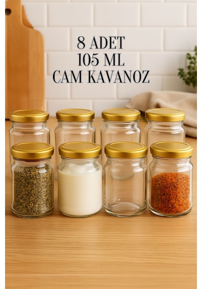 8 Adet 105 Ml Baharatlık Mama Şekerleme Çok Amaçlı Metal Kapaklı 105 Cc Kısa Cam Kavanoz Gold