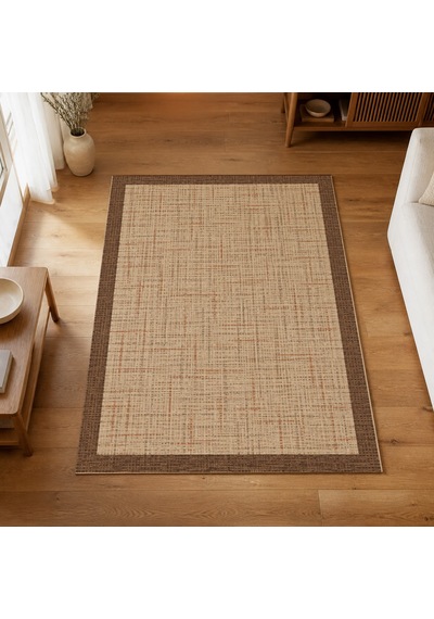 Kartela Halı Jüt Görünümlü Kalın Çerçeveli Halı Bej Kaymaz Taban Makinede Yıkanabilir 80x120 Cm