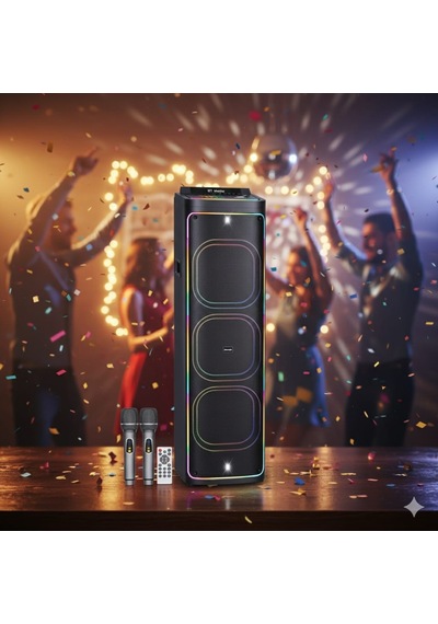 2272 Dijital Led Göstergeli Çift Kablosuz Mikrofonlu Rgb Tws Üçlü 12 İnç Stereo Bass Kablosuz Karaoke Hoparlör