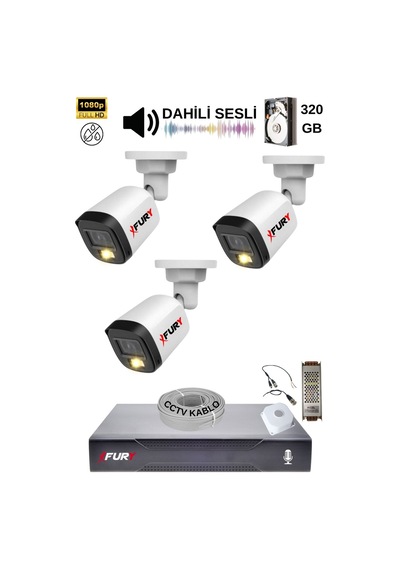 Fury 3 Kamera Sesli Gece Renkli Güvenlik Kamerası Full Hd-su Geçirmez Güvenlik Kamerası Seti 320gb
