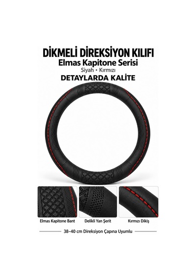 Trobus Peugeot 206 1998-2010 Uyumlu Dikmeli Direksiyon Kılıfı Elmas Kapitone Siyah Kırmızı Siyah - Kırmızı