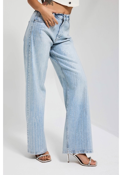 it's basic Kadın Kot Rengi T-4s6-3 Loose Fit Ön Arka Parlak Taşlı Tasarım Denim Jean