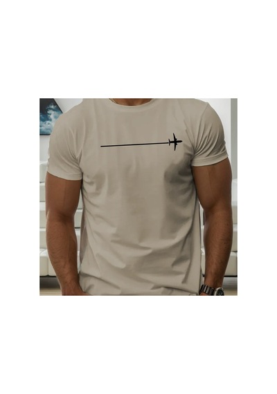 Caddemia Yaz Moda Rahat Gevşek Minimalist Uçak Desen Baskılı Yuvarlak Boyun Kısa Bej 2XL