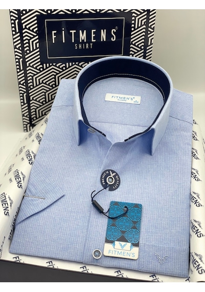 Klasik Kısa Kol Keten Cotton Hediye Kutulu Erkek Gömlek Fs-003624 - Mavi-3356 MAVİ