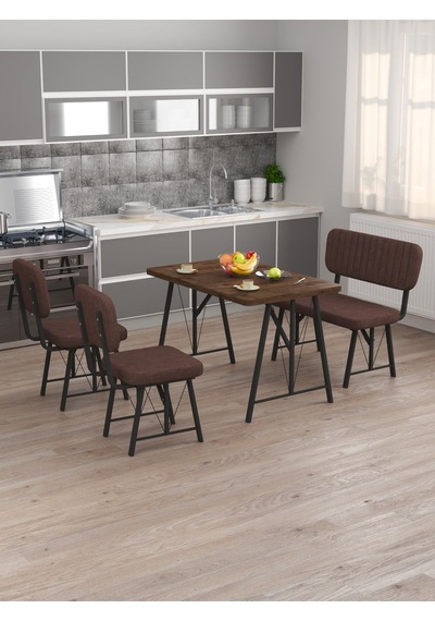 Hayat 70x110 Amalfi Mutfak Masası, Mutfak Masası Takımı, Yemek Masası, 2 Sandalye 1 Bench - Kahverengi Kahverengi